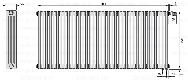 Схема (чертеж) Радиатор Zehnder Charleston 4180/36 №V002 Белый глянцевый RAL 9016